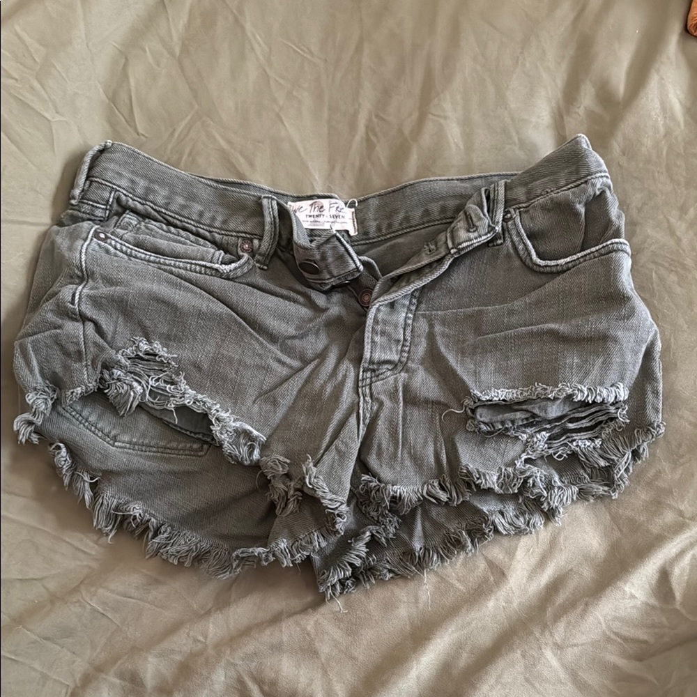 Free People Green Distressed Denim Shorts